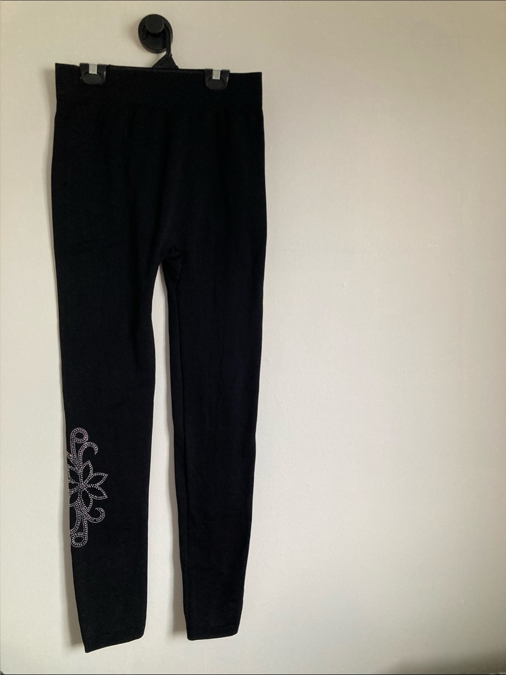 Black Fleece Lined Leggings with Decorative Rhinestone Accent